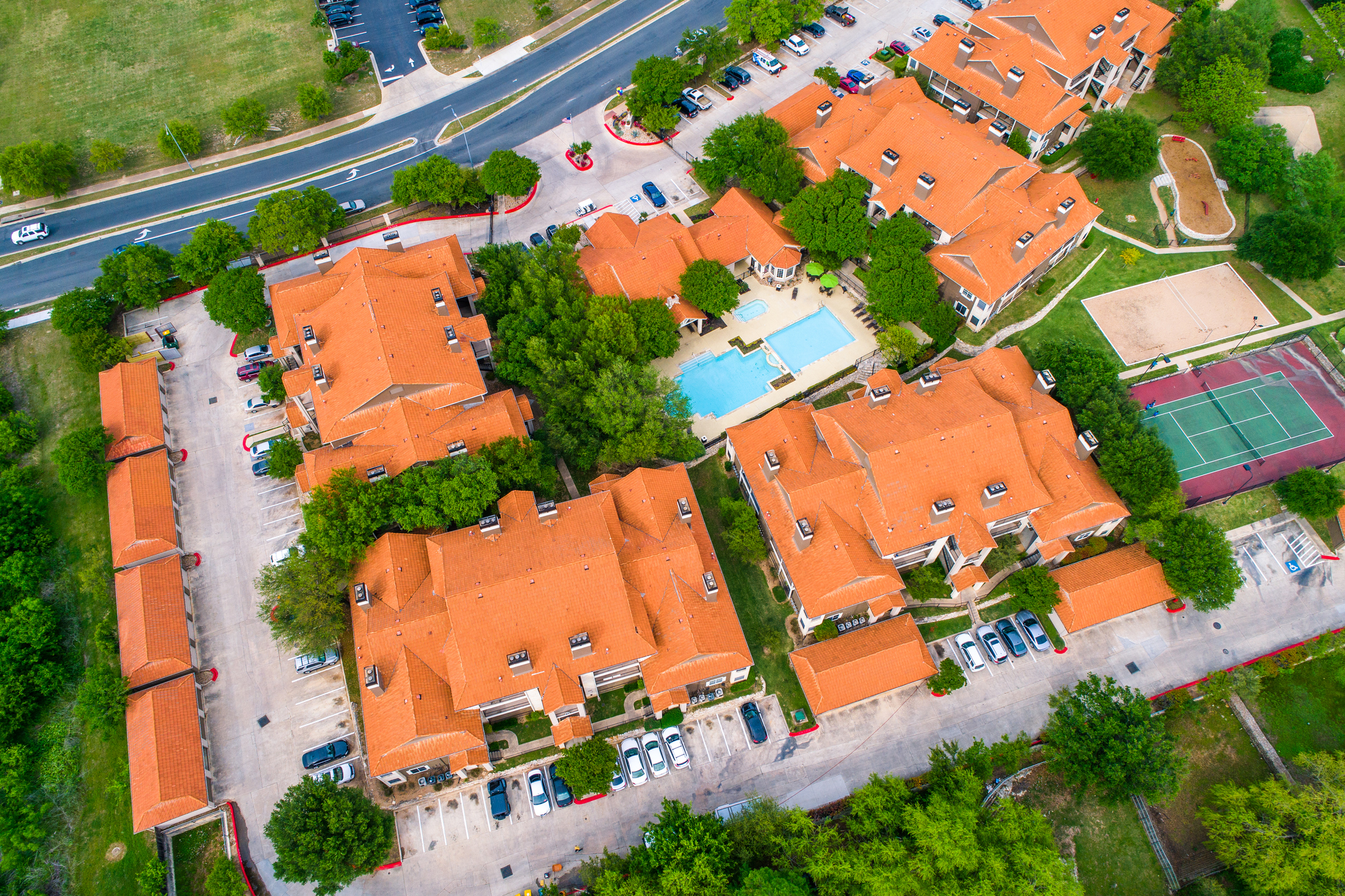 Orange Rooftops Suburb New Development Townhomes   Aerial View Straight Down Angle  